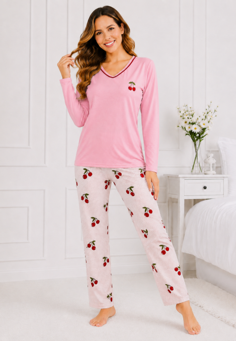Pijama de damă cu bluză cu maneca lunga și pantaloni -Bleu ,Engros